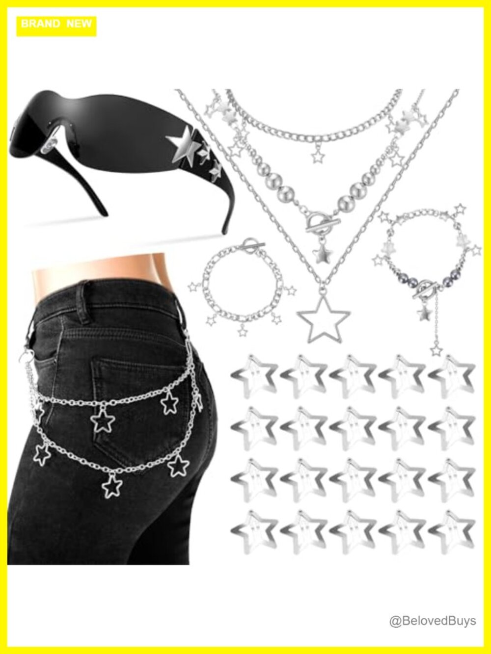 Y2K Jewelry Set Star Necklace Bracelets Sunglasses Chain Barrettes
